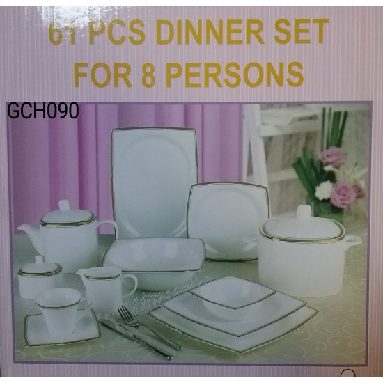 BONE CHINA DINNER SET 61 PCS SQUARE GOLD LINE GIFT BOXED image