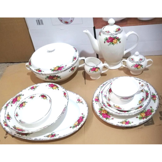 BONE CHINA NEW ROUND DINNER SET ENGLISH ROSE 61 PCS SET GIFT BOXED -Bone china dinner st image