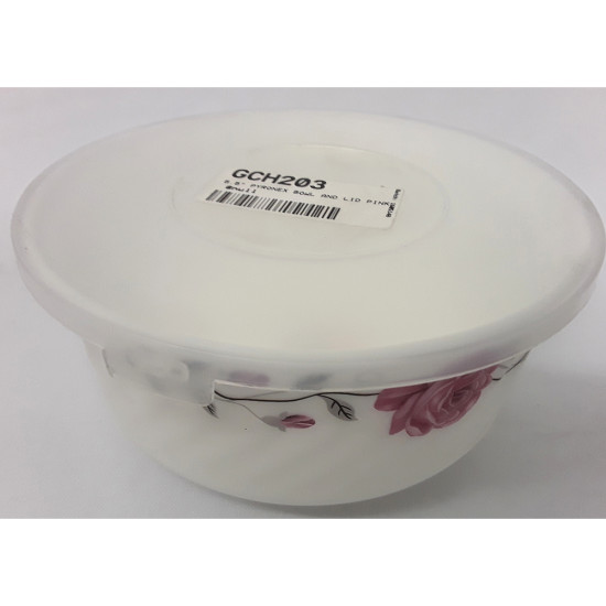 5.5 INCH PYRONEX BOWL AND LID PINK -Opalware printed image