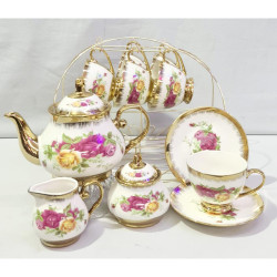 BONE CHINA 17 PCS TEA SET ON STAND PINK/YELLOW ROSE BOXED