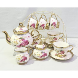 BONE CHINA 17 PCS TEA SET ON STAND PINK/WHITE  ROSE BOXED