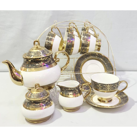BONE CHINA 17 PCS TEA SET ON STAND GREY/GOLD BOXED -Bone china dinner st image