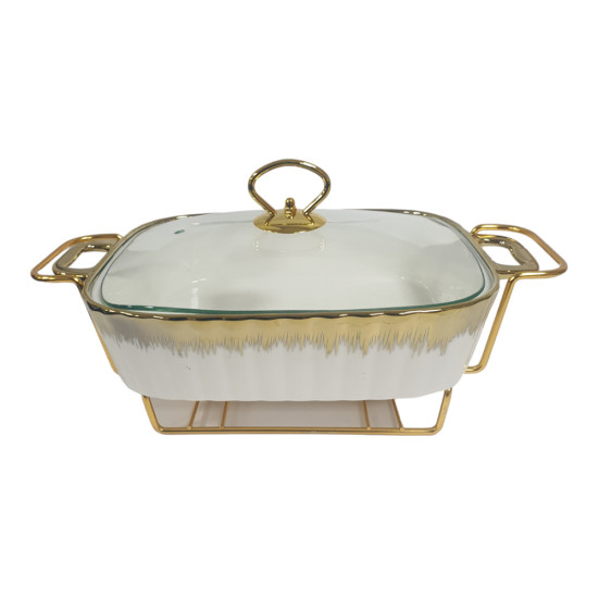 FOOD WARMER 13 INCH RECTANGULAR CASSEROLE WITH GLASS LIDWITH STAND IN GIFT BOX -Plates & bowls image