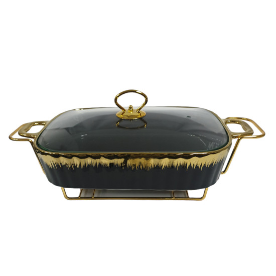 FOOD WARMER 15 INCH RECTANGULAR CASSEROLE WITH GLASS LID WITH STAND IN GIFT BOX image