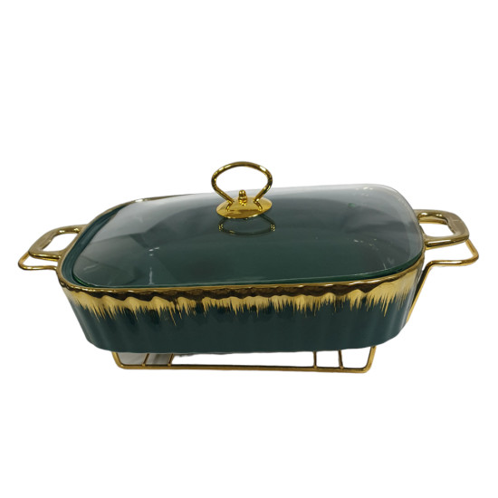 FOOD WARMER 15 INCH RECTANGULAR CASSEROLE WITH GLASS LID WITH STAND IN GIFT BOX GREEN -GOLD image
