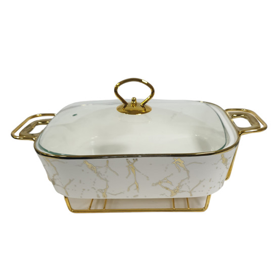 FOOD WARMER 13 INCH RECTANGULAR CASSEROLE WITH GLASS LID WITH STAND IN GIFT BOX WHITE MARBLE EFFECT -Plates & bowls image