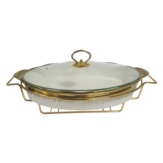 15 INCH OVAL PORCELAIN CASSEROLE WITH GLASS LID AND STAND WHITE AND GOLD PRINT IN GIFT BOX -Plates & bowls image