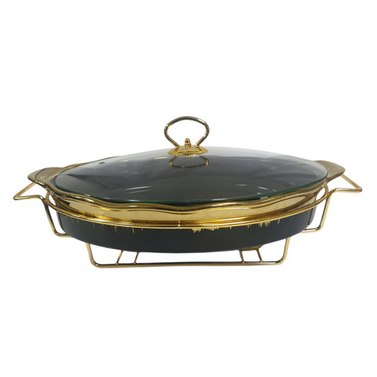 15 INCH OVAL PORCELAIN CASSEROLE WITH GLASS LID AND STAND BLACK AND GOLD PRINT IN GIFT BOX image