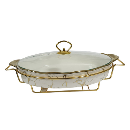 15 INCH OVAL PORCELAIN CASSEROLE WITH GLASS LID AND STAND WHITE & GOLD PRINT IN GIFT BOX -Plates & bowls image