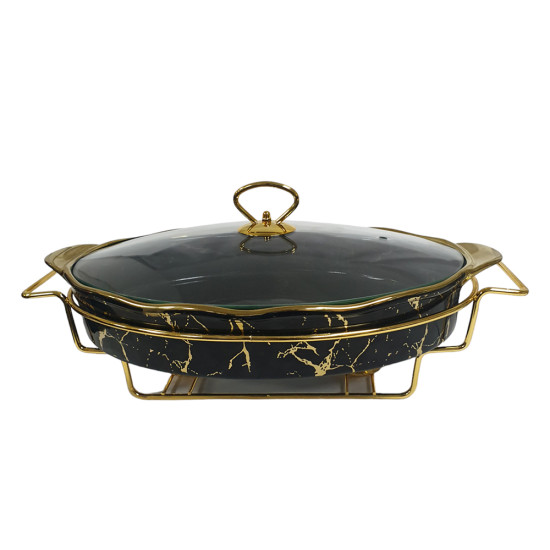 15 INCH OVAL PORCELAIN CASSEROLE WITH GLASS LID AND STAND BLACK & GOLD PRINT IN GIFT BOX image
