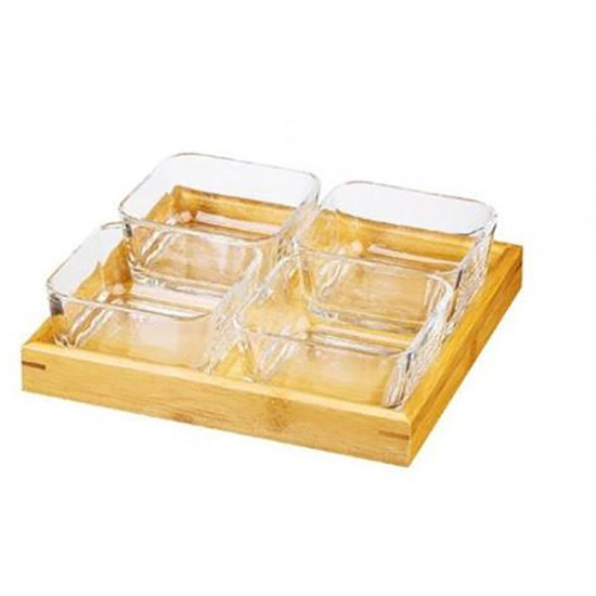 GLASS 4PCS SQUARE GLASS BOWL 10 CM SET WITH LID WITH WOODEN BASE -Compartment dish image