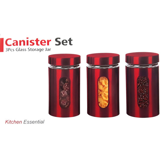 T.S.C CANNISTER SET RED 3 PCS WITH WINDOW IN GIFT BOX image