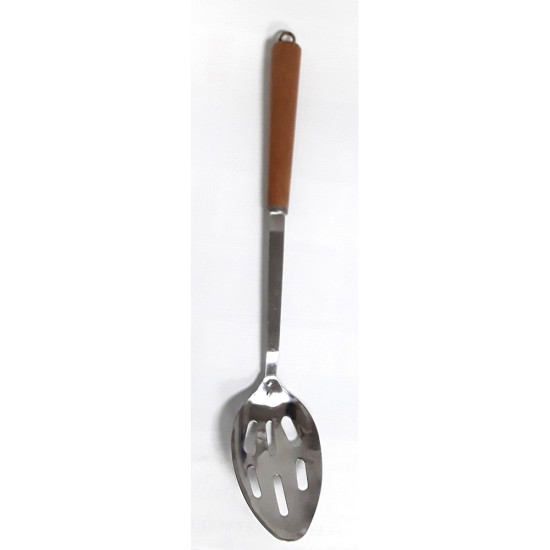 WOODEN HANDLE SLOTTED STEEL SPOON -Kitchen tools image