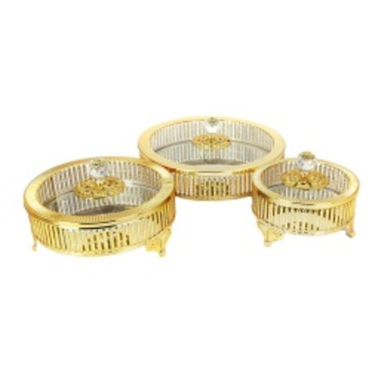 CUBIK STRIP SUGAR BOWL WITH COVER SET 15-20-25 CM GOLD -Trays chrome asstd image