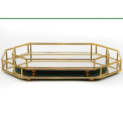 WIRE GOLD WITH MIRROR OCTAGONAL TRAY  32X17 GOLD 39X 24  2 PCS SET