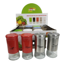 SALT PEPPER SHAKER BOTTLES ASSORTED COLOURS IN DISPLAY BOX