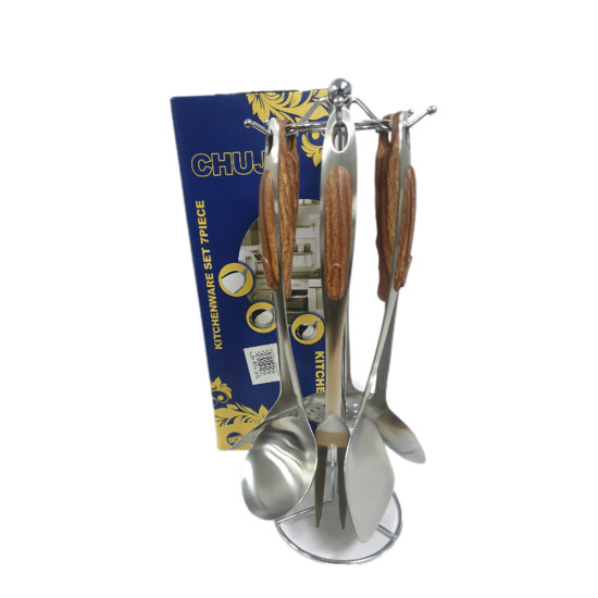 KITCHEN TOOL SET 6PCS TOOLS PLUS STAND TEAK EFFECT image