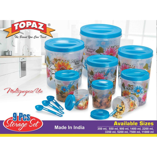 NINE PCS CANNISTER SET TALL PRINTED 350 ML TO 11 LT WITH SPOON -Cannisters image
