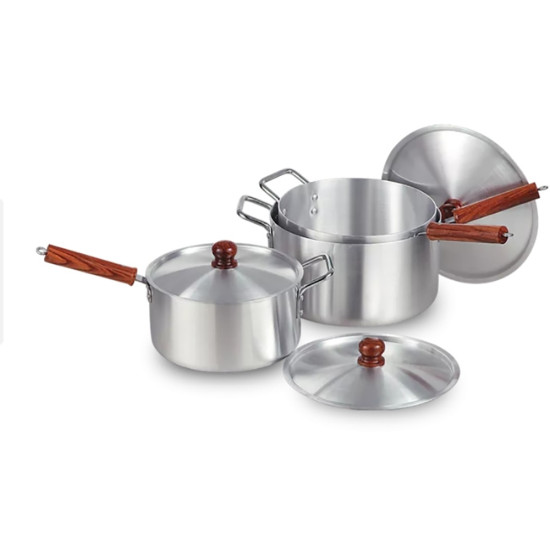 TEAK HANDLE STEWPAN SET 3 PCS 0-1 SIZE 16-18-20 CM -Aluminium image