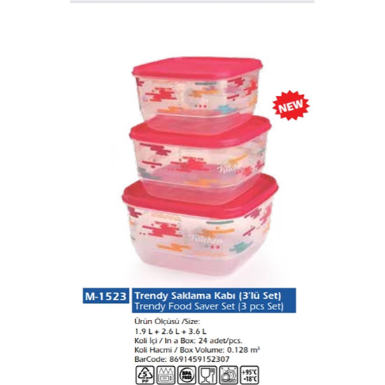 TRENDY PLASTIC CONTAINER SQUARE PRINTED 3PC SET (1.9L, 2.6L, 3.6L) image