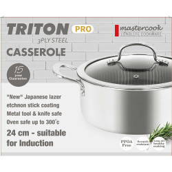 TRI PLY CASSEROLE STAINLESS STEEL WITH HONEYCOMBE NON STICK SIZE 24 CM